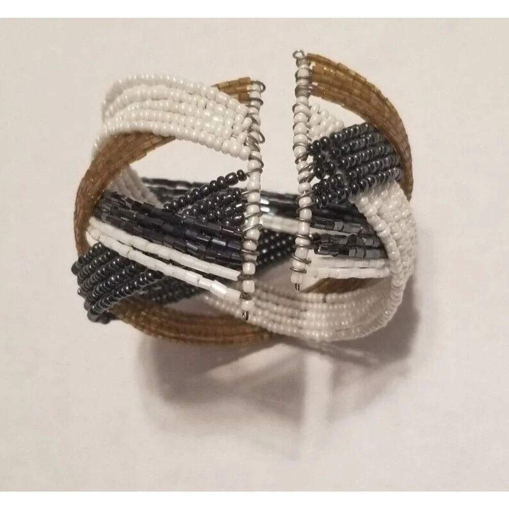 VTG‎ White, Gold, Black Tone Bracelet Twisted Beaded Cuff Band Wide Retro Bangle